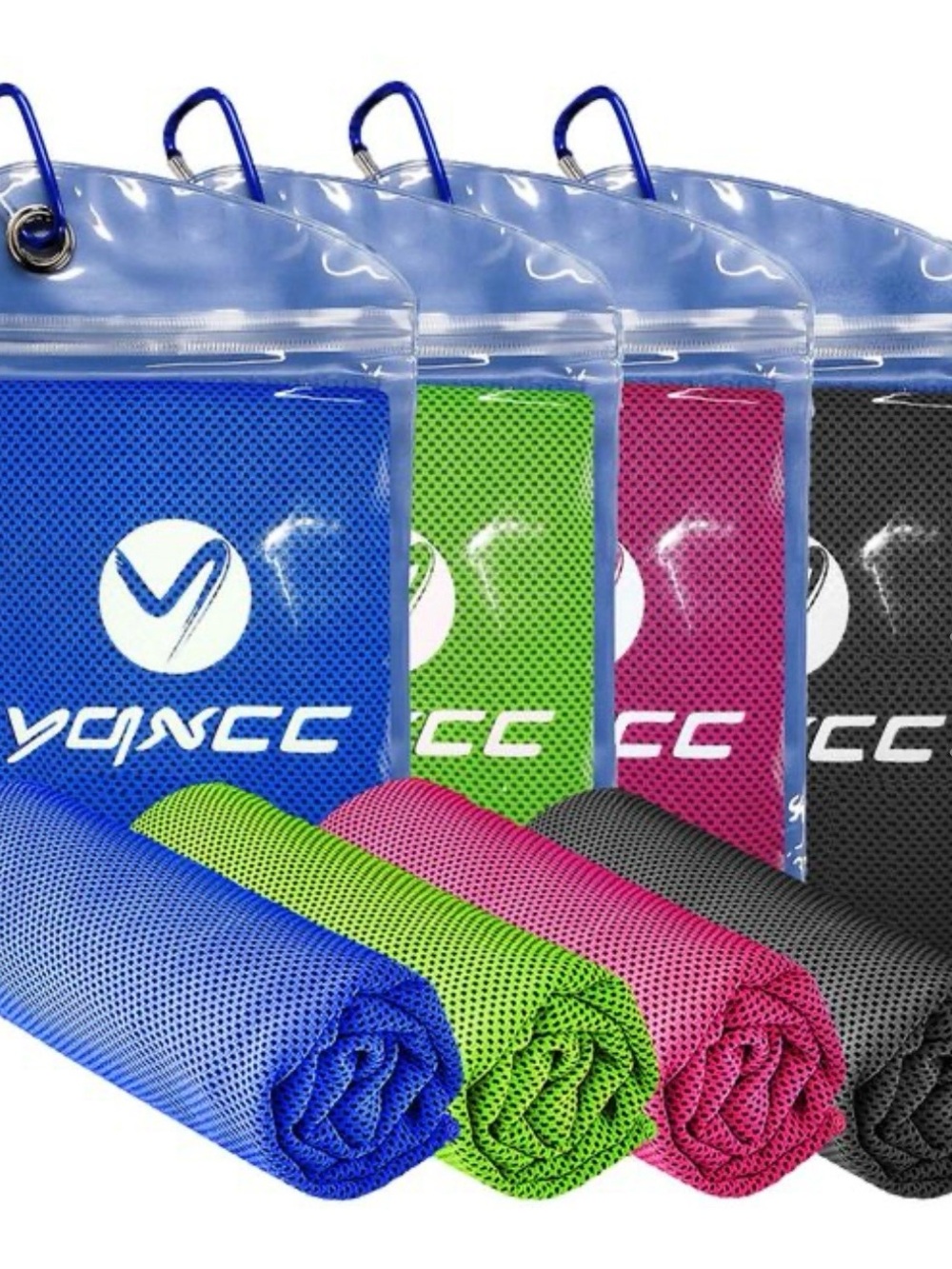 YQXCC Microfiber Cooling Towels 4 Pack NWT Individual Packs w/ Carabiner
